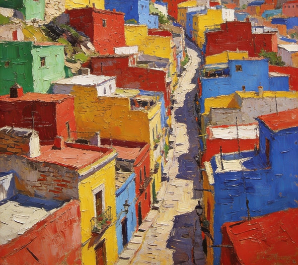 Original Landscape Art, Guanajuato's Hued Houses and Winding Paths, Small Oil Paintings, Hand Painted Canvas Art, Heavy Texture Wall Art Paintings, Landscape Paintings for Bedroom-ArtWorkCrafts.com