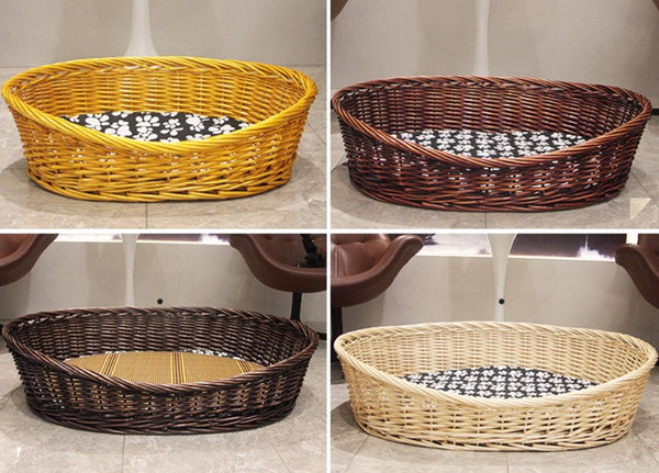 Natural Wicker Dog Bed with Washable Cushion for Indoor Cats and Dogs, Hand woven Rattan Cat Beds-ArtWorkCrafts.com
