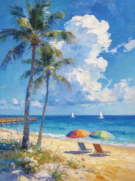 Heavy Texture Artwork, Coastal Peach and Quiet, Palm Trees Seashore Paintings, Hand Painted Canvas Wall Art, Original Oil Paintings, Small Canvas Paintings, Small Canvas Paintings-ArtWorkCrafts.com