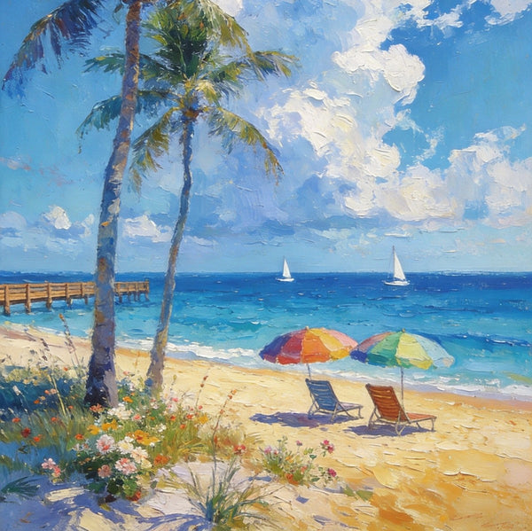 Heavy Texture Artwork, Coastal Peach and Quiet, Palm Trees Seashore Paintings, Hand Painted Canvas Wall Art, Original Oil Paintings, Small Canvas Paintings, Small Canvas Paintings-ArtWorkCrafts.com