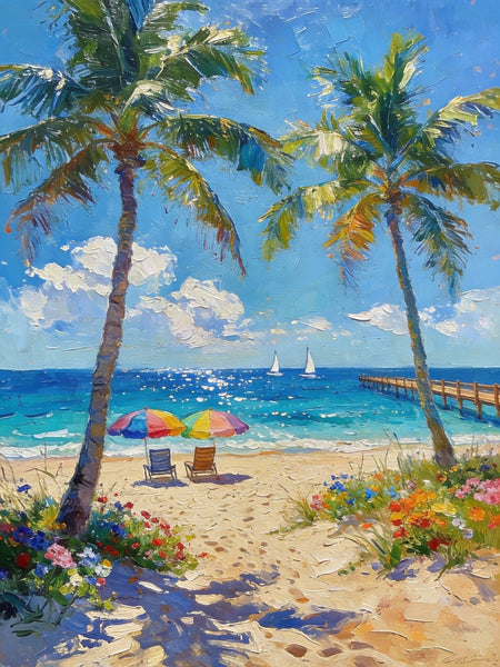 Original Landscape Paintings, Tropical Coastal Charm, Palm Tree Seashore Paintings, Canvas Paintings for Bedroom, Heavy Texture Artwork, Small Oil Paintings, Hand Painted Canvas Art-ArtWorkCrafts.com