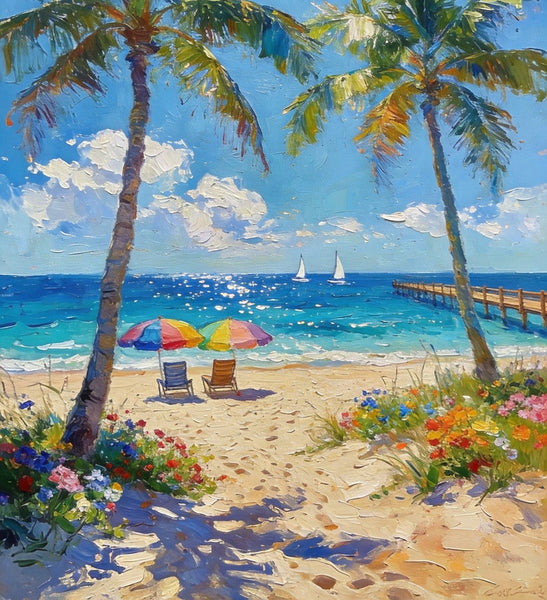 Original Landscape Paintings, Tropical Coastal Charm, Palm Tree Seashore Paintings, Canvas Paintings for Bedroom, Heavy Texture Artwork, Small Oil Paintings, Hand Painted Canvas Art-ArtWorkCrafts.com