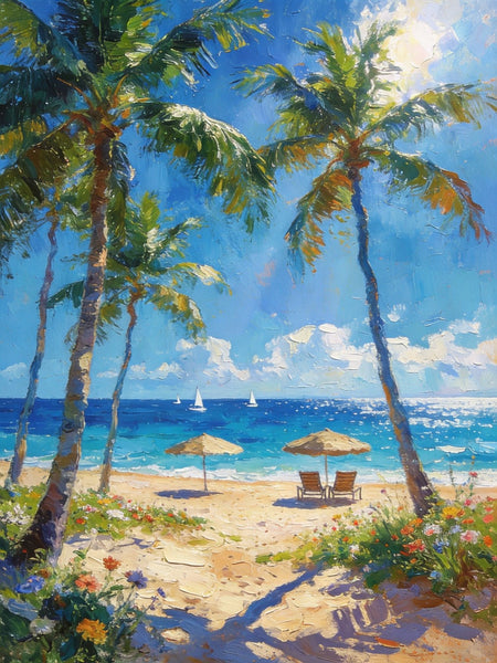 Canvas Paintings for Dining Room, Beachside Haven, Palm Tree Seashore Paintings, Original Landscape Paintings, Heavy Texture Artwork, Small Oil Paintings, Hand Painted Canvas Art-ArtWorkCrafts.com