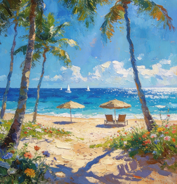 Canvas Paintings for Dining Room, Beachside Haven, Palm Tree Seashore Paintings, Original Landscape Paintings, Heavy Texture Artwork, Small Oil Paintings, Hand Painted Canvas Art-ArtWorkCrafts.com