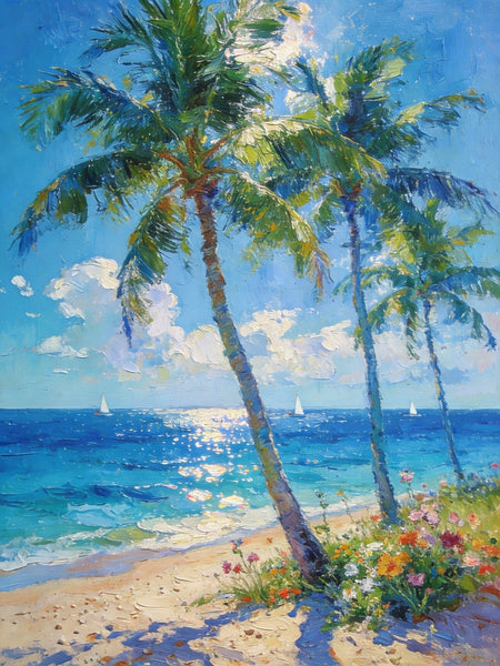 Canvas Paintings for Bedroom, Sunlit Shoreline, Palm Tree Seashore Paintings, Heavy Texture Artwork, Original Landscape Paintings, Small Oil Paintings, Hand Painted Canvas Wall Art-ArtWorkCrafts.com