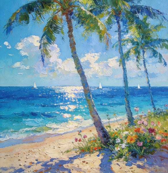 Canvas Paintings for Bedroom, Sunlit Shoreline, Palm Tree Seashore Paintings, Heavy Texture Artwork, Original Landscape Paintings, Small Oil Paintings, Hand Painted Canvas Wall Art-ArtWorkCrafts.com