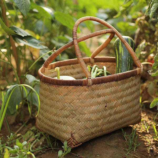 Storage Basket with Handle, Large Kitchen Storage Baskets, Natural Hand-woven Bamboo Storage Basket, Lovely Bamboo Weaving Baskets for Vegetable, Picnic Fruit Storage Baskets-ArtWorkCrafts.com