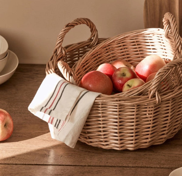 Picnic Fruit Basket with Handle, Kitchen Storage Baskets, Natural Hand-woven Wicker Round Storage Basket, Lovely Willow Weaving Baskets for Vegetable, Natural Fruit Storage Basket-ArtWorkCrafts.com