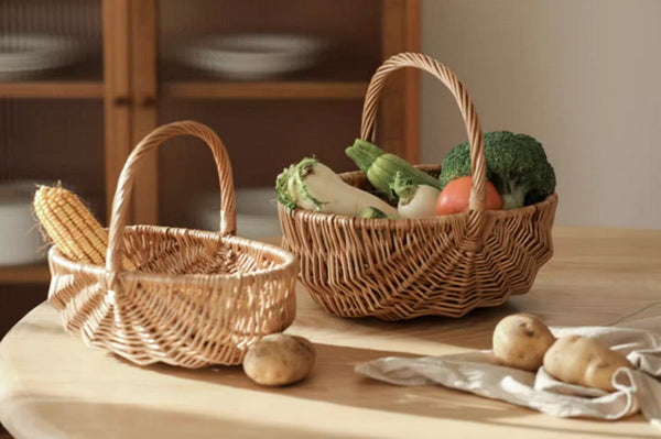 Natural Fruit Basket, Kitchen Storage Baskets, Natural Hand-woven Wicker Storage Basket, Large Picnic Food Basket with Handle, Lovely Willow Weaving Baskets for Vegetable-ArtWorkCrafts.com