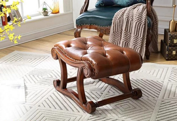 Cherry Wood Footstool, Vintage Leather Stool, Genuine Leather Solid Wood Entry Bench, Long Bench, Vanity Stool, Dressing Table Stool-ArtWorkCrafts.com