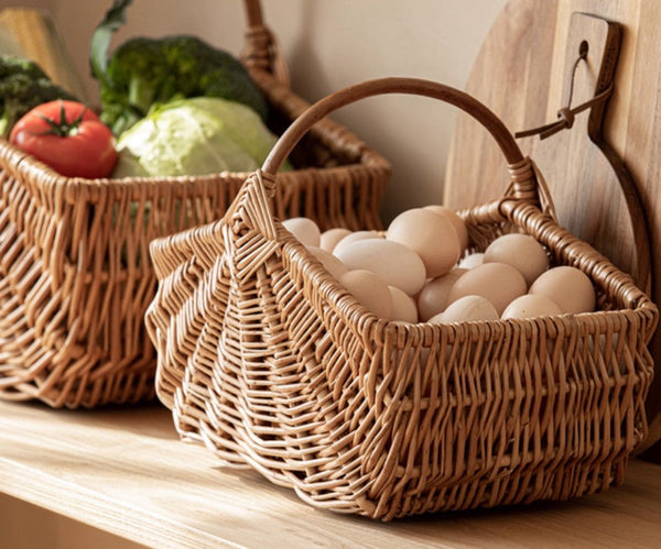 Large Picnic Food Basket with Handle, Natural Hand-woven Wicker Storage Basket, Lovely Willow Weaving Baskets for Vegetable, Natural Fruit Basket, Kitchen Storage Baskets-ArtWorkCrafts.com