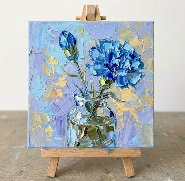 Hand Painted Canvas Art, Blue Carnations in Glass Vase, Small Canvas Artwork, Still Life Painting, Original Acrylic Flower Paintings, Impasto Artwork