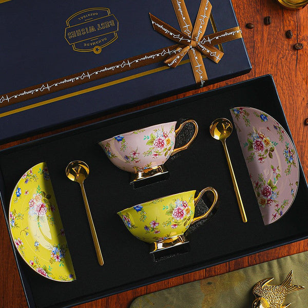 Flower Tea Cup and Saucer Set in Gift Box, Porcelain Tea Cup Saucer Set, Floral Ceramic Coffee Cup with Saucer, Beautiful British Tea Cup and Saucer-ArtWorkCrafts.com