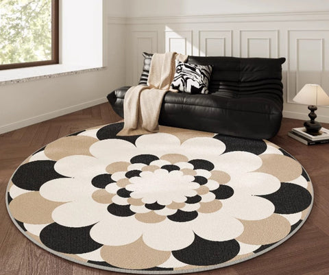 Abstract Contemporary Round Rugs under Chairs, Circular Area Rugs for Bedroom, Modern Rugs for Dining Room, Flower Pattern Modern Rugs for Living Room-ArtWorkCrafts.com