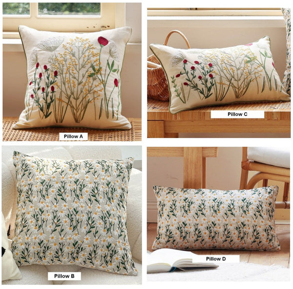 Decorative Pillows for Couch, Farmhouse Decorative Pillows for Sofa, Embroider Flower Cotton Pillow Covers, Spring Flower Decorative Pillows for Bedroom-ArtWorkCrafts.com