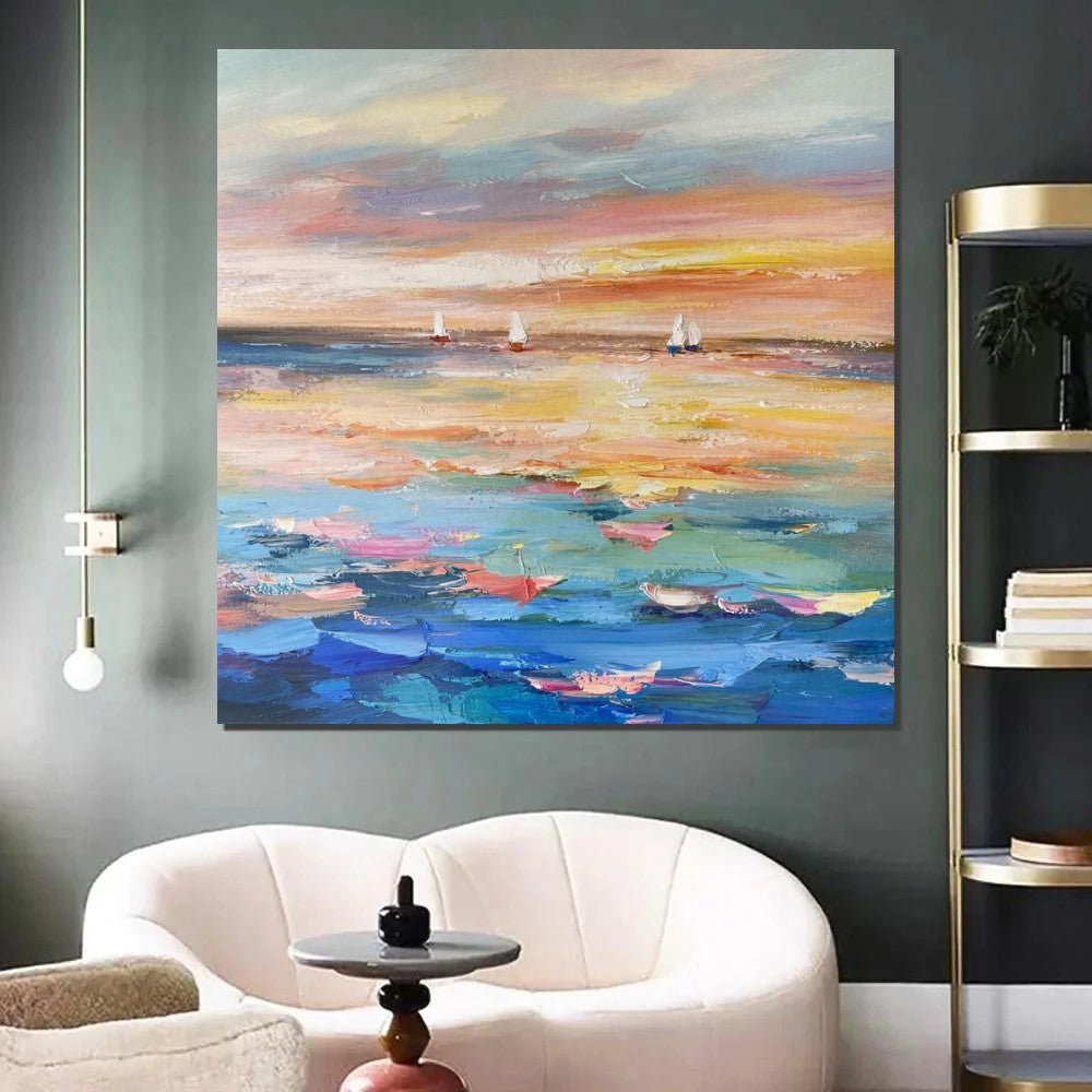 Abstract Landscape Wall Art for Bedroom, Sail Boat at Sea, Contemporary Modern Artwork, Large Modern Canvas Painting, Hand Painted Wall Art Painting-ArtWorkCrafts.com