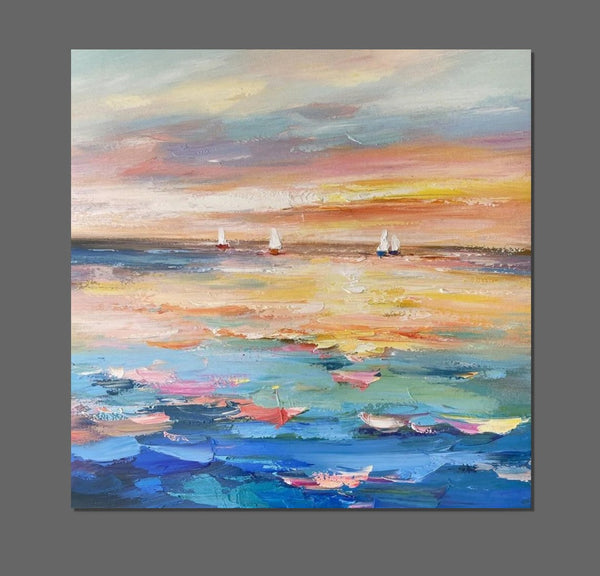 Abstract Landscape Wall Art for Bedroom, Sail Boat at Sea, Contemporary Modern Artwork, Large Modern Canvas Painting, Hand Painted Wall Art Painting-ArtWorkCrafts.com