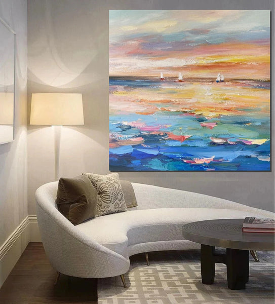 Abstract Landscape Wall Art for Bedroom, Sail Boat at Sea, Contemporary Modern Artwork, Large Modern Canvas Painting, Hand Painted Wall Art Painting-ArtWorkCrafts.com