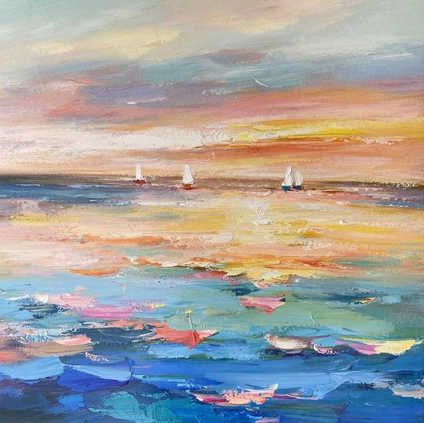 Abstract Landscape Wall Art for Bedroom, Sail Boat at Sea, Contemporary Modern Artwork, Large Modern Canvas Painting, Hand Painted Wall Art Painting-ArtWorkCrafts.com