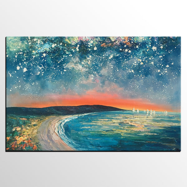 Starry Night Sky Seashore Painting, Abstract Art Painting, Canvas Oil Painting, Heavy Texture Art, Bedroom Wall Art, Landscape Painting, Large Art, Original Art