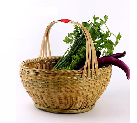 Picnic Food Basket with Handle, Large Natural Hand-woven Bamboo Basket, Natural Fruit Basket Lovely Bamboo Baskets for Vegetable, Kitchen Storage Baskets-ArtWorkCrafts.com
