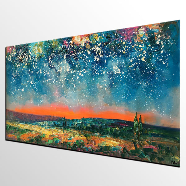 Original Landscape Painting, Starry Night Sky Painting, Bedroom Wall Art Paintings, Custom Original Painting for Sale-ArtWorkCrafts.com