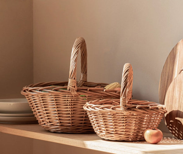 Large Picnic Food Basket with Handle, Lovely Willow Weaving Baskets for Vegetable, Natural Hand-woven Wicker Storage Basket, Natural Fruit Basket, Kitchen Storage Baskets-ArtWorkCrafts.com