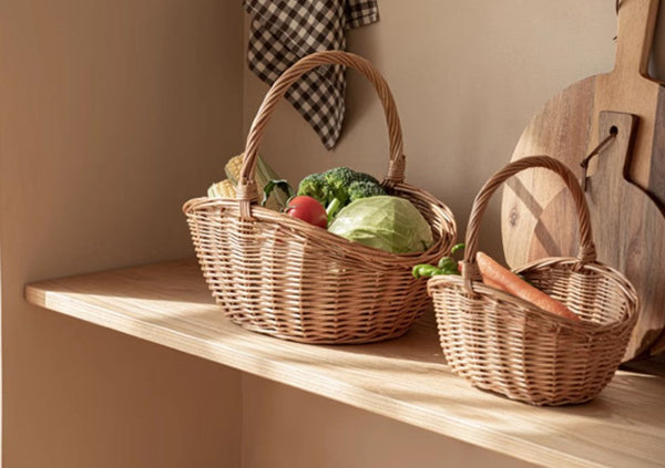 Natural Hand-woven Wicker Storage Basket, Large Picnic Food Basket with Handle, Lovely Willow Weaving Baskets for Vegetable, Natural Fruit Basket, Kitchen Storage Baskets-ArtWorkCrafts.com