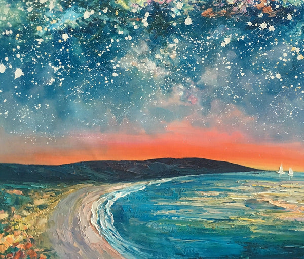 Starry Night Sky Seashore Painting, Abstract Art Painting, Canvas Oil Painting, Heavy Texture Art, Bedroom Wall Art, Landscape Painting, Large Art, Original Art