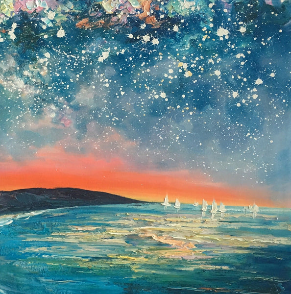 Starry Night Sky Seashore Painting, Abstract Art Painting, Canvas Oil Painting, Heavy Texture Art, Bedroom Wall Art, Landscape Painting, Large Art, Original Art
