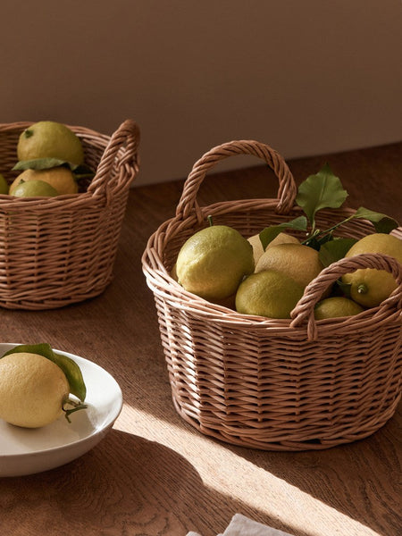Large Picnic Fruit Basket with Handle, Natural Hand-woven Wicker Round Storage Basket, Lovely Willow Weaving Baskets for Vegetable, Natural Fruit Storage Basket, Kitchen Storage Baskets-ArtWorkCrafts.com