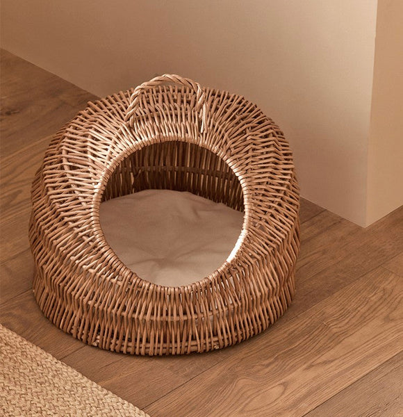 Indoor Cat Bed, Natural Wicker Cat House Basket with Washable Cushion for Indoor Cats and Dogs-ArtWorkCrafts.com