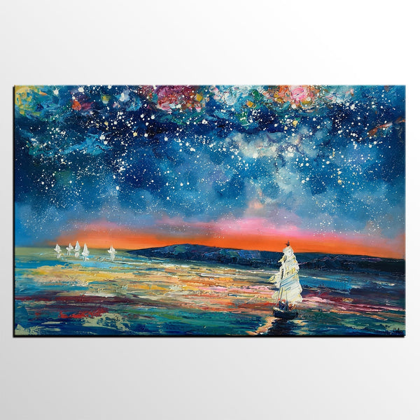 Canvas Painting, Abstract Art for Sale, Sail Boat under Starry Night Sky Painting, Custom Art, Buy Art Online-ArtWorkCrafts.com