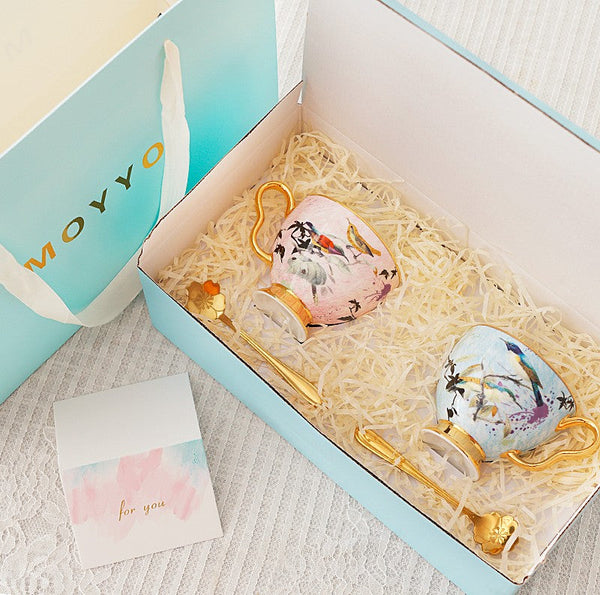 Unique Bird Flower Tea Cups and Saucers in Gift Box as Birthday Gift, Elegant Ceramic Coffee Cups, Afternoon British Tea Cups, Royal Bone China Porcelain Tea Cup Set-ArtWorkCrafts.com