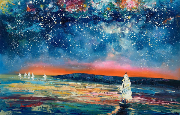 Canvas Painting, Abstract Art for Sale, Sail Boat under Starry Night Sky Painting, Custom Art, Buy Art Online-ArtWorkCrafts.com