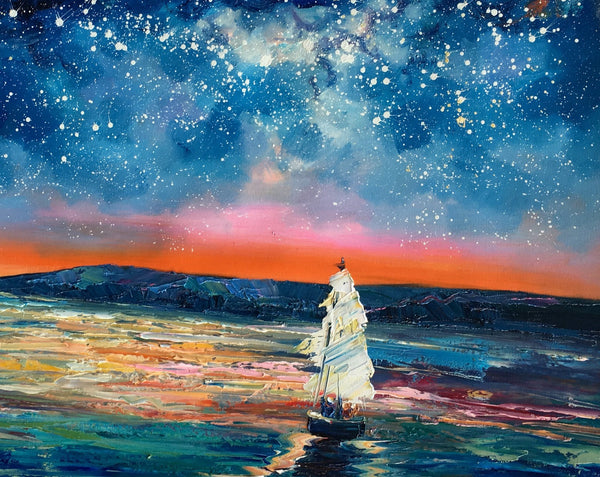 Canvas Painting, Abstract Art for Sale, Sail Boat under Starry Night Sky Painting, Custom Art, Buy Art Online