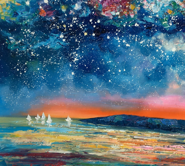 Canvas Painting, Abstract Art for Sale, Sail Boat under Starry Night Sky Painting, Custom Art, Buy Art Online