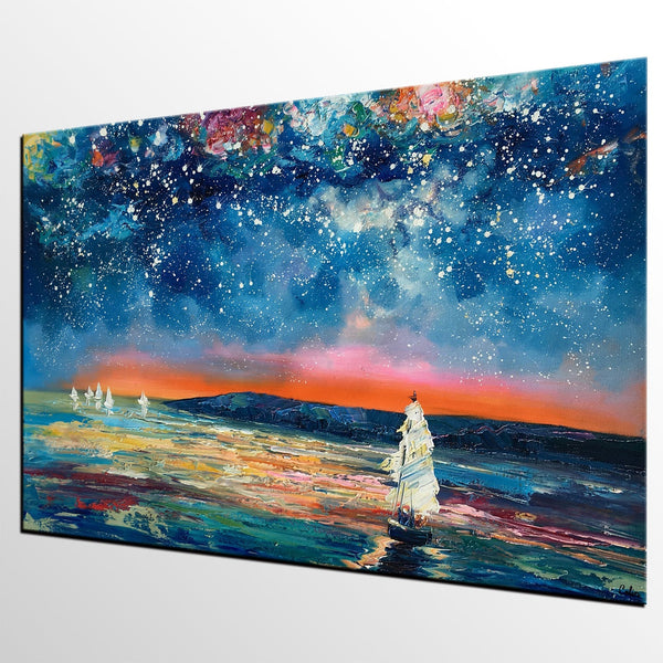 Canvas Painting, Abstract Art for Sale, Sail Boat under Starry Night Sky Painting, Custom Art, Buy Art Online-ArtWorkCrafts.com