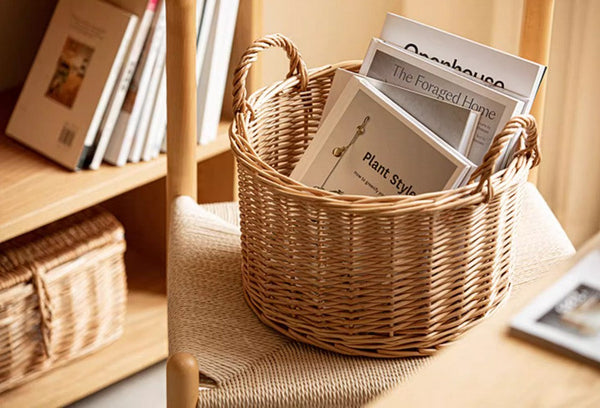 Small Picnic Fruit Basket with Handle, Kitchen Storage Baskets, Natural Hand-woven Wicker Round Storage Basket, Small Willow Weaving Baskets for Vegetable, Natural Fruit Storage Basket-ArtWorkCrafts.com