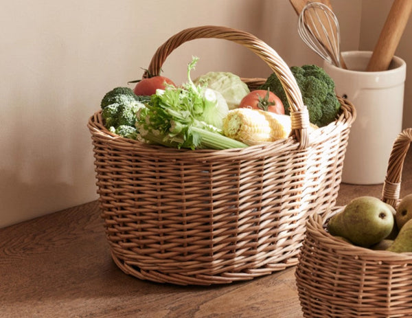 Large Picnic Food Basket with Handle, Natural Hand-woven Wicker Storage Basket, Willow Weaving Baskets for Vegetable, Natural Fruit Basket, Kitchen Storage Baskets-ArtWorkCrafts.com
