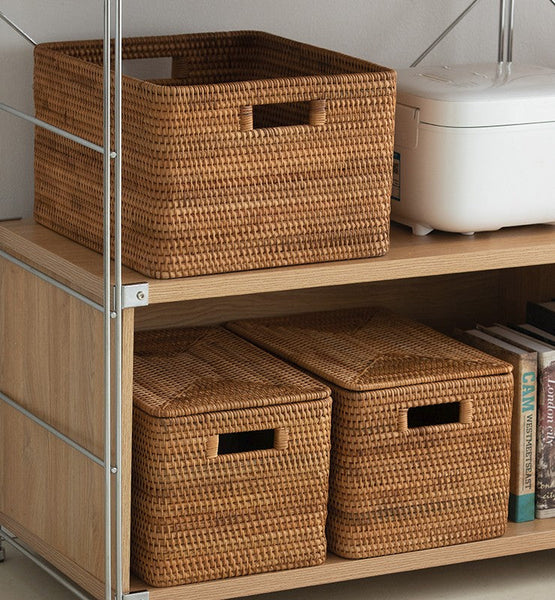 Rattan Storage Basket for Shelves, Rectangular Storage Basket with Lid, Extra Large Storage Baskets for Bedroom, Storage Baskets for Clothes-ArtWorkCrafts.com