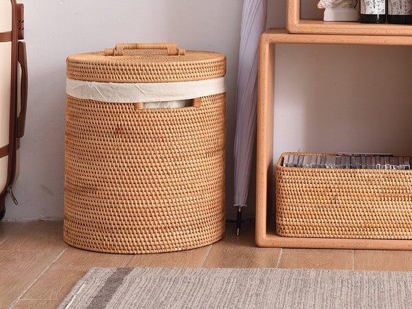 Large Laundry Storage Basket with Lid, Large Rattan Storage Basket for Bathroom, Woven Round Storage Basket for Clothes-ArtWorkCrafts.com