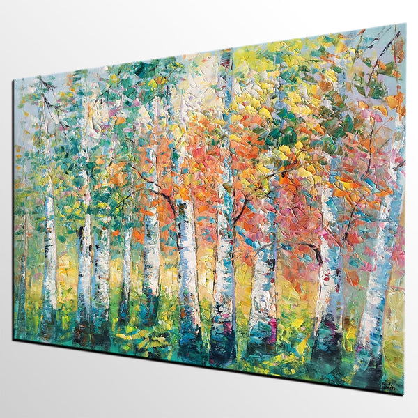 Custom Canvas Painting for Living Room, Heavy Texture Canvas Art, Autumn Tree Landscape Art-ArtWorkCrafts.com