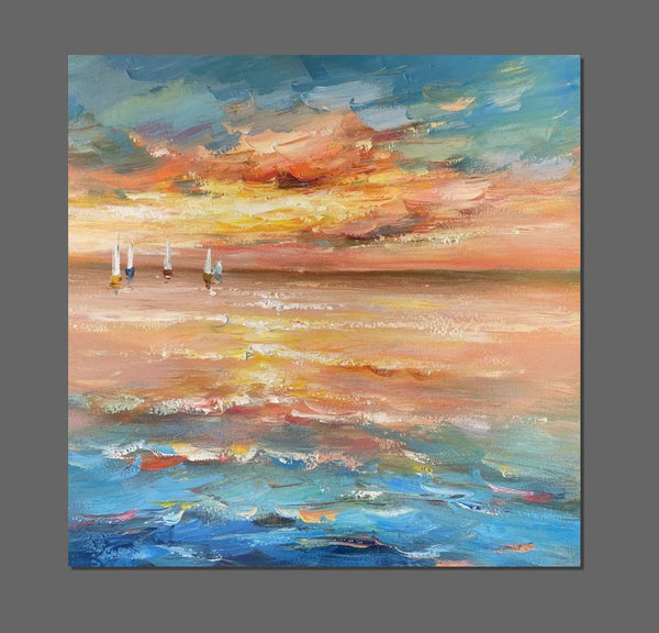 Contemporary Modern Artwork, Abstract Landscape Wall Art for Bedroom, Sail Boat at Sea, Large Modern Canvas Painting, Hand Painted Wall Art Painting-ArtWorkCrafts.com