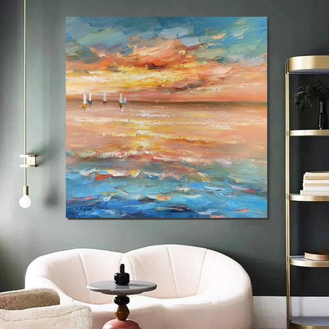 Contemporary Modern Artwork, Abstract Landscape Wall Art for Bedroom, Sail Boat at Sea, Large Modern Canvas Painting, Hand Painted Wall Art Painting-ArtWorkCrafts.com
