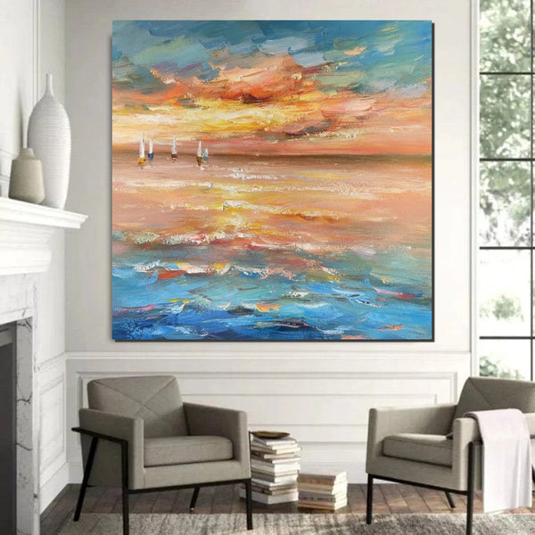 Contemporary Modern Artwork, Abstract Landscape Wall Art for Bedroom, Sail Boat at Sea, Large Modern Canvas Painting, Hand Painted Wall Art Painting-ArtWorkCrafts.com