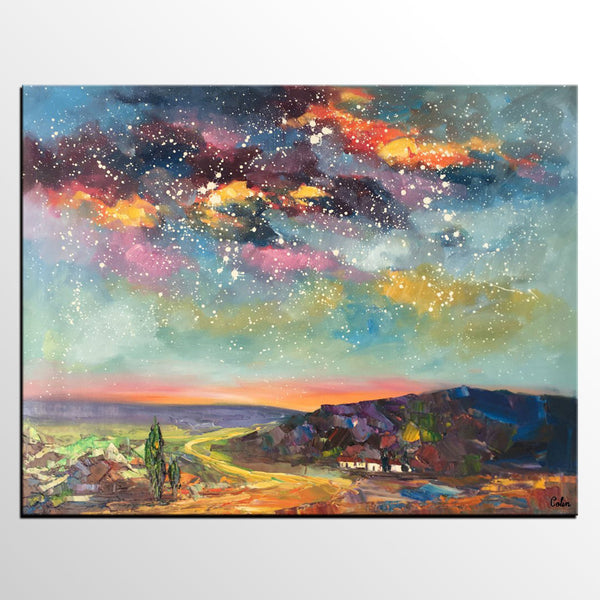 Wall Art for Bedroom Wall Art, Starry Night Sky Painting, Landscape Art, Custom Large Canvas Painting