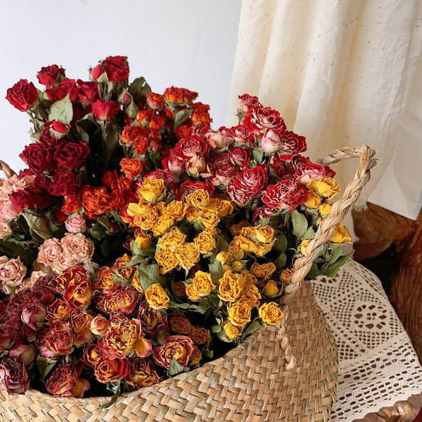 A Bouquet of Dried Rose Flowers, Dried Rose Flower Bouquet, Natural Dried Rose Flower Bunches, A Bunch Dried Rose Flowers, Red Yellow Purple Dried Rose Floral-ArtWorkCrafts.com