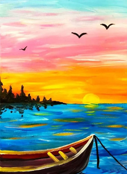 Small Boat Sunset Painting, Simple Landscape Artwork, Easy Hand Paitned Canvas Art on Canvas, Simple Painting Ideas on Canvas, Easy Acrylic Painting Ideas-ArtWorkCrafts.com