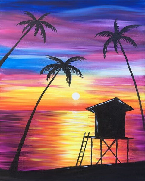 Simple Acrylic Paintings, Small Acrylic Painting on Canvas, Small Seashore Sunset Palm Tree Painting, Simple Landscape Artwork, Easy Painting Ideas on Canvas-ArtWorkCrafts.com